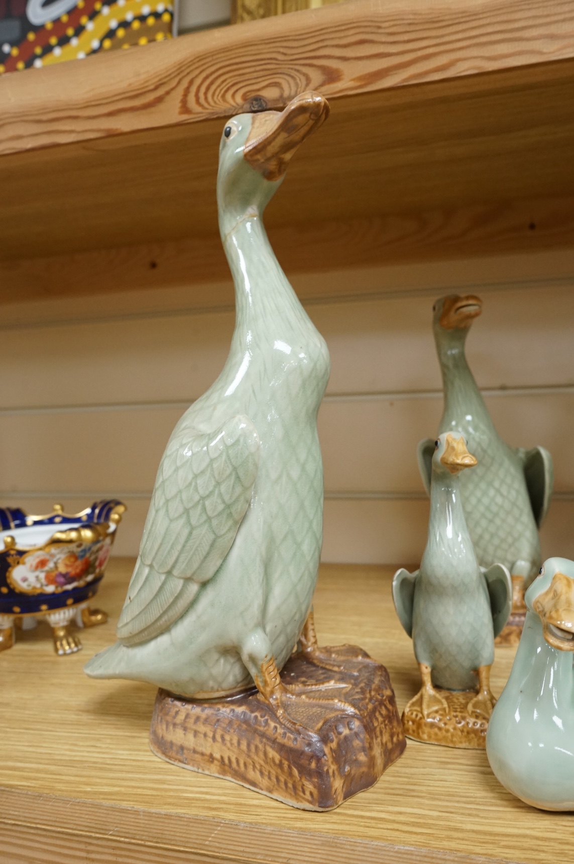 A collection of Chinese celadon glazed models of geese and ducks, largest 31cm high